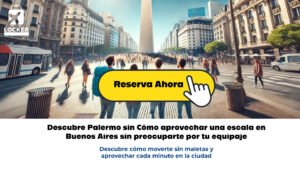 Vista panorámica del Obelisco de Buenos Aires con viajeros caminando con mochilas ligeras, disfrutando de la ciudad sin equipaje a la vista