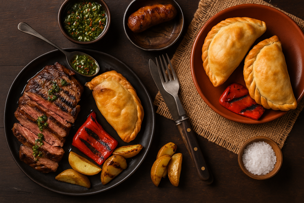 Fotografía de un plato típico argentino con carne asada, empanadas y guarniciones en un restaurante local de Buenos Aires
