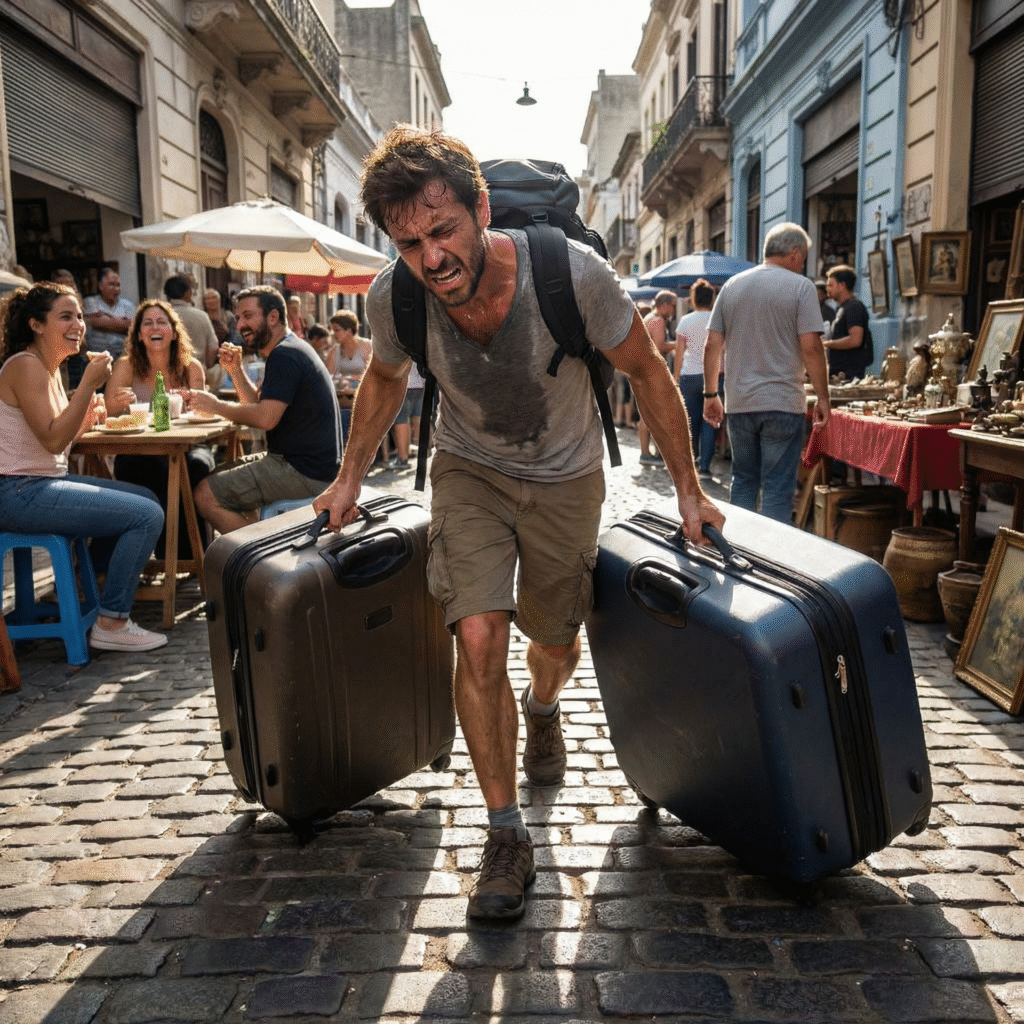 Turista que no dejó sus maletas guardadas y tiene que cargarlas por la ciudad.